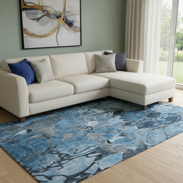 HomeRoots 9' X 12' Blue Ivory Gray Floral Area Rug – Durable, Washable, UV-Protected for Kids & Pets! 648969