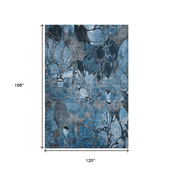 HomeRoots 10' Blue Ivory and Gray Floral Washable Area Rug - Durable, UV-Protected, Pet-Friendly Design! 648970