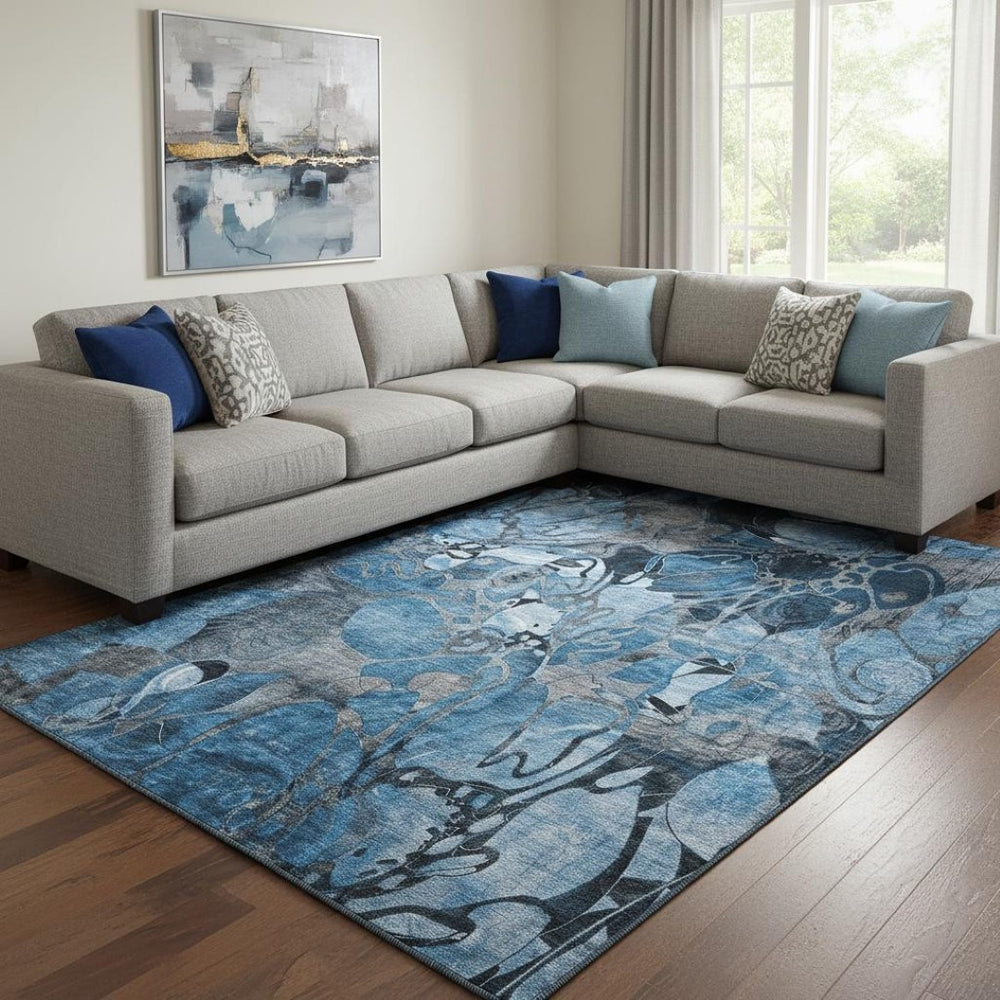 HomeRoots 10' Blue Ivory and Gray Floral Washable Area Rug - Durable, UV-Protected, Pet-Friendly Design! 648970