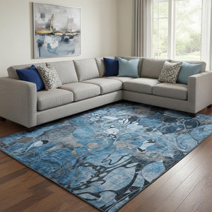 HomeRoots 10' Blue Ivory and Gray Floral Washable Area Rug - Durable, UV-Protected, Pet-Friendly Design! 648970