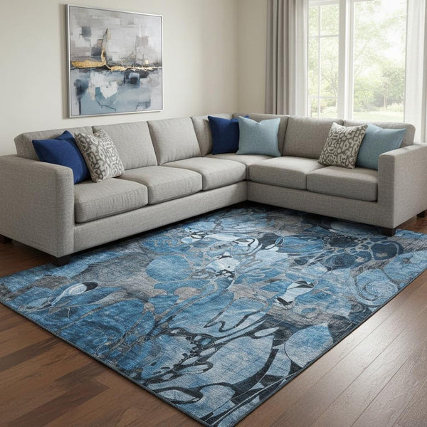 HomeRoots 10' Blue Ivory and Gray Floral Washable Area Rug - Durable, UV-Protected, Pet-Friendly Design! 648970