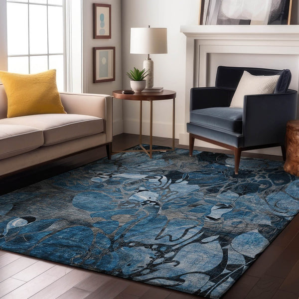 HomeRoots 10' Blue Ivory and Gray Floral Washable Area Rug - Durable, UV-Protected, Pet-Friendly Design! 648970