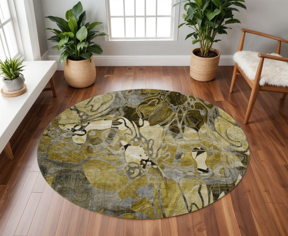 HomeRoots 8' Elegant Brown Beige Gold Floral Washable Round Rug with UV Protection for Modern Living Spaces 648973