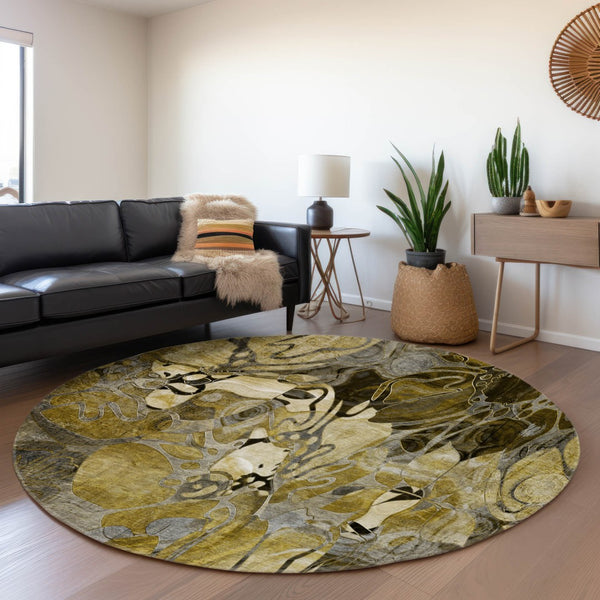 HomeRoots 8' Elegant Brown Beige Gold Floral Washable Round Rug with UV Protection for Modern Living Spaces 648973