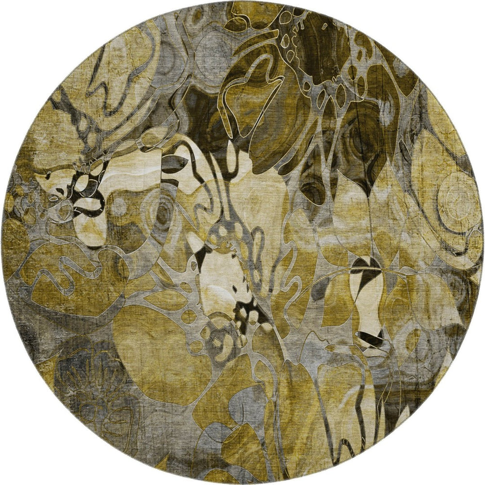 HomeRoots 8' Elegant Brown Beige Gold Floral Washable Round Rug with UV Protection for Modern Living Spaces 648973