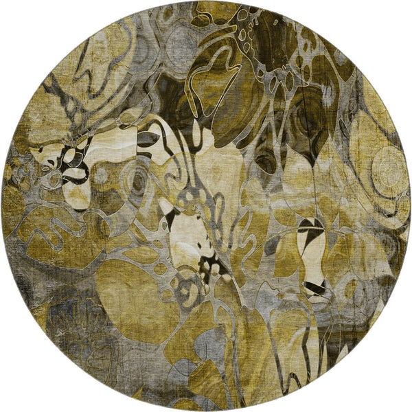 HomeRoots 8' Elegant Brown Beige Gold Floral Washable Round Rug with UV Protection for Modern Living Spaces 648973