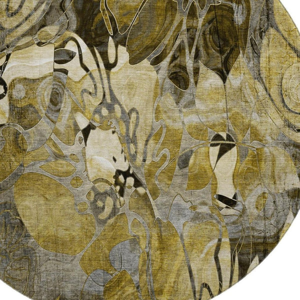 HomeRoots 8' Elegant Brown Beige Gold Floral Washable Round Rug with UV Protection for Modern Living Spaces 648973