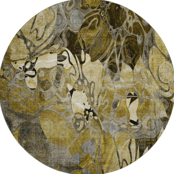 HomeRoots 8' Elegant Brown Beige Gold Floral Washable Round Rug with UV Protection for Modern Living Spaces 648973