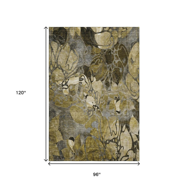 HomeRoots 8' X 10' Brown Beige Gold Floral Area Rug - Washable, UV-Protected, Stain-Resistant, Family-Friendly 648974