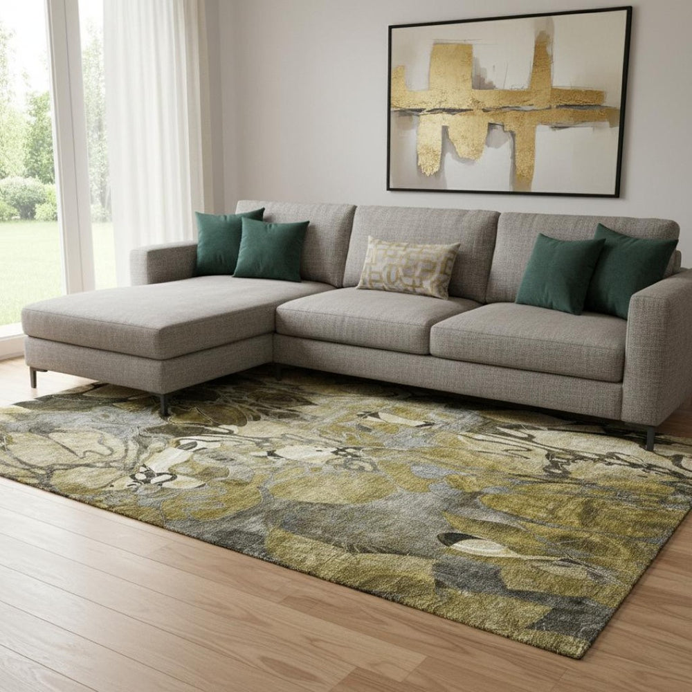 HomeRoots 8' X 10' Brown Beige Gold Floral Area Rug - Washable, UV-Protected, Stain-Resistant, Family-Friendly 648974