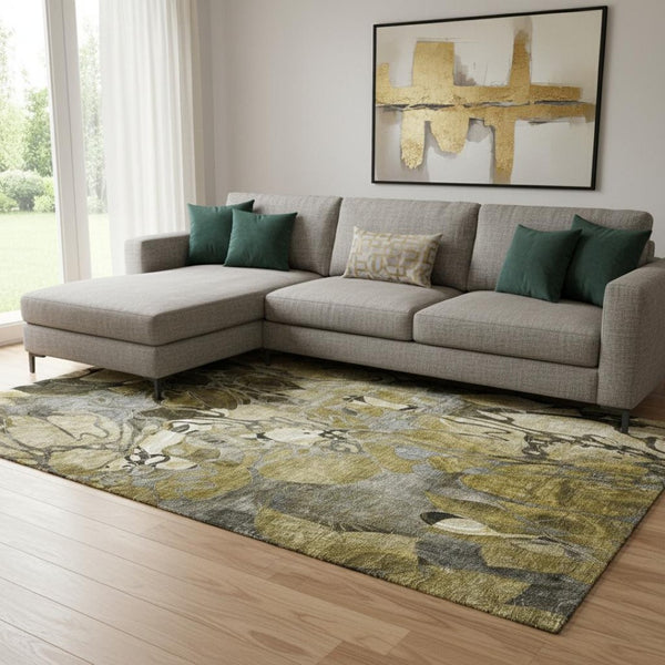 HomeRoots 8' X 10' Brown Beige Gold Floral Area Rug - Washable, UV-Protected, Stain-Resistant, Family-Friendly 648974