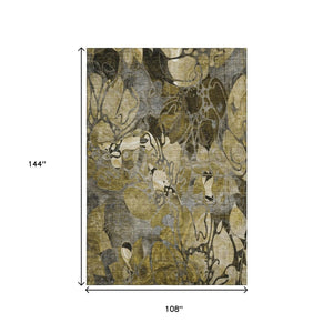 HomeRoots 9' X 12' Elegant Brown Beige & Gold Floral Washable Area Rug with UV Protection for High-Traffic Areas 648975