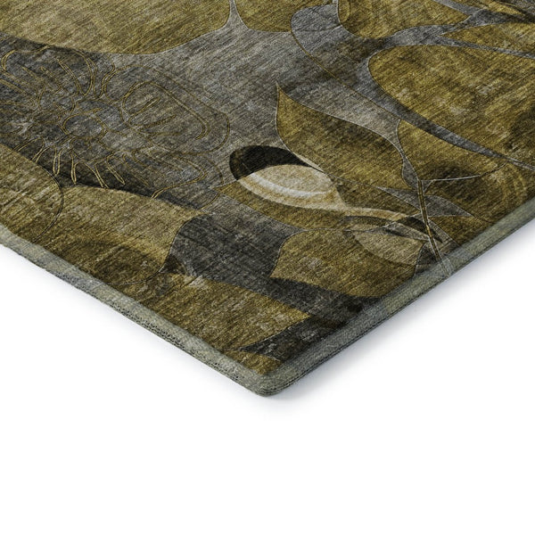 HomeRoots 9' X 12' Elegant Brown Beige & Gold Floral Washable Area Rug with UV Protection for High-Traffic Areas 648975