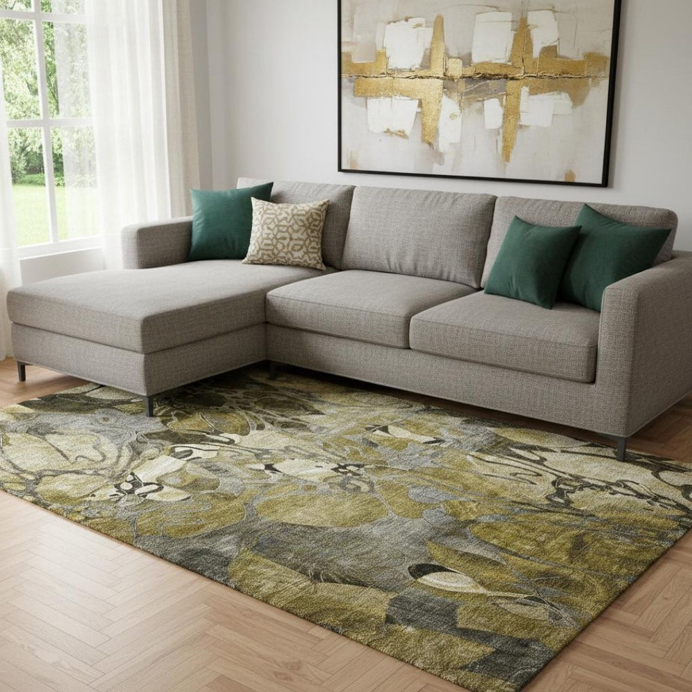 HomeRoots 9' X 12' Elegant Brown Beige & Gold Floral Washable Area Rug with UV Protection for High-Traffic Areas 648975