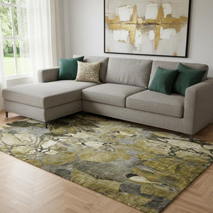 HomeRoots 9' X 12' Elegant Brown Beige & Gold Floral Washable Area Rug with UV Protection for High-Traffic Areas 648975