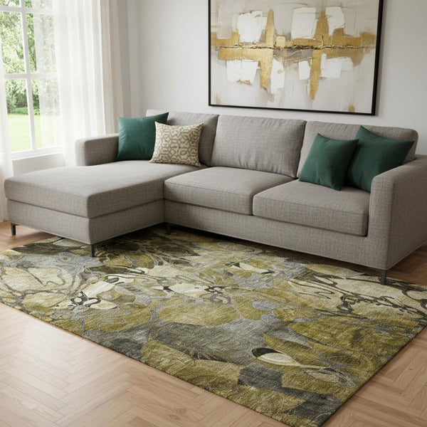 HomeRoots 9' X 12' Elegant Brown Beige & Gold Floral Washable Area Rug with UV Protection for High-Traffic Areas 648975