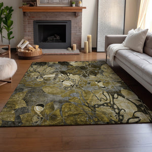 HomeRoots 9' X 12' Elegant Brown Beige & Gold Floral Washable Area Rug with UV Protection for High-Traffic Areas 648975