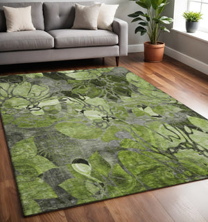 HomeRoots 5' X 8' Fern Green & Gray Floral Area Rug - Washable, UV-Protected, Durable for Kids & Pets! 648978