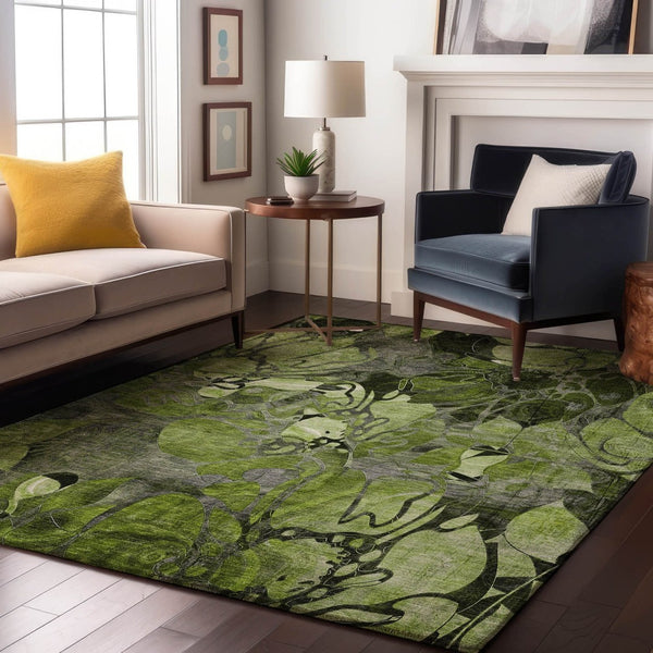 HomeRoots 5' X 8' Fern Green & Gray Floral Area Rug - Washable, UV-Protected, Durable for Kids & Pets! 648978