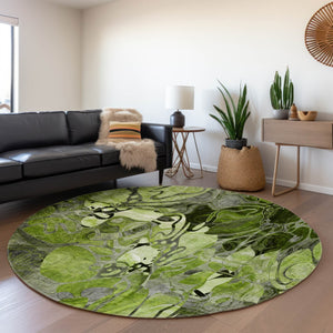 HomeRoots 8' Round Floral Rug in Fern Green & Gray - Washable, UV Protected, Ideal for Family Homes & Decor 648979