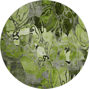 HomeRoots 8' Round Floral Rug in Fern Green & Gray - Washable, UV Protected, Ideal for Family Homes & Decor 648979