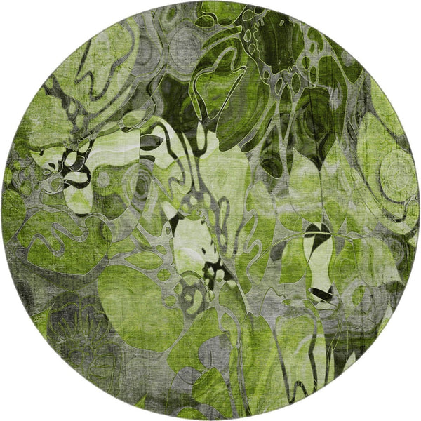 HomeRoots 8' Round Floral Rug in Fern Green & Gray - Washable, UV Protected, Ideal for Family Homes & Decor 648979