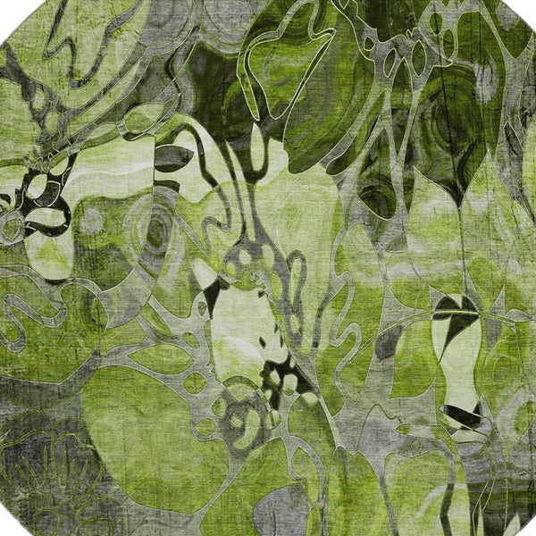 HomeRoots 8' Round Floral Rug in Fern Green & Gray - Washable, UV Protected, Ideal for Family Homes & Decor 648979