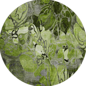 HomeRoots 8' Round Floral Rug in Fern Green & Gray - Washable, UV Protected, Ideal for Family Homes & Decor 648979
