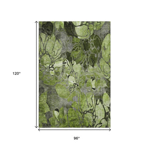 HomeRoots 8' X 10' Fern Green and Gray Floral Washable Area Rug – Stain Resistant, UV Protected, Durable Design 648980