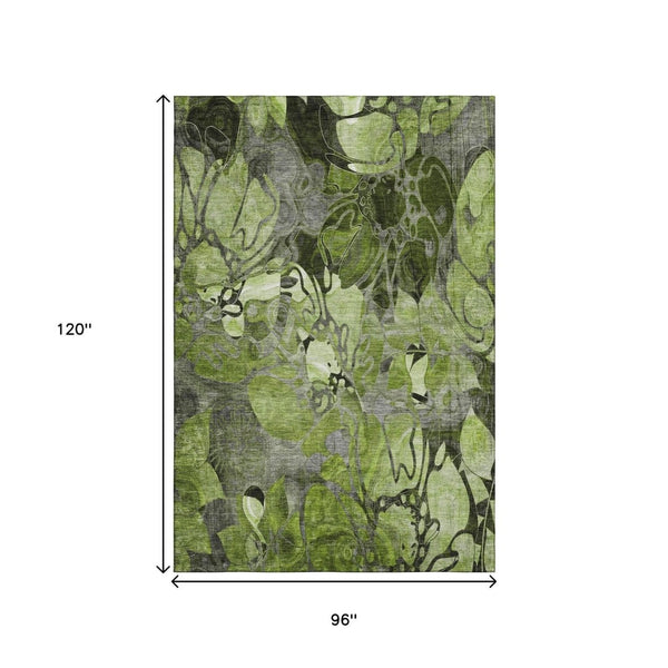 HomeRoots 8' X 10' Fern Green and Gray Floral Washable Area Rug – Stain Resistant, UV Protected, Durable Design 648980