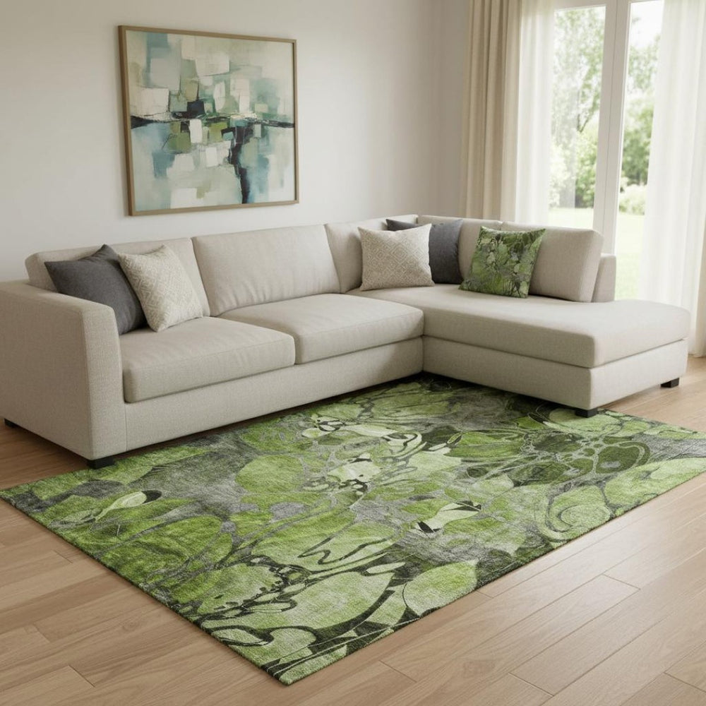 HomeRoots 8' X 10' Fern Green and Gray Floral Washable Area Rug – Stain Resistant, UV Protected, Durable Design 648980