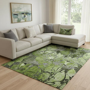HomeRoots 9' X 12' Premium Fern Green & Gray Floral Washable Area Rug - Durable, Stain-Resistant, UV Protected 648981