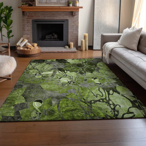 HomeRoots 9' X 12' Premium Fern Green & Gray Floral Washable Area Rug - Durable, Stain-Resistant, UV Protected 648981