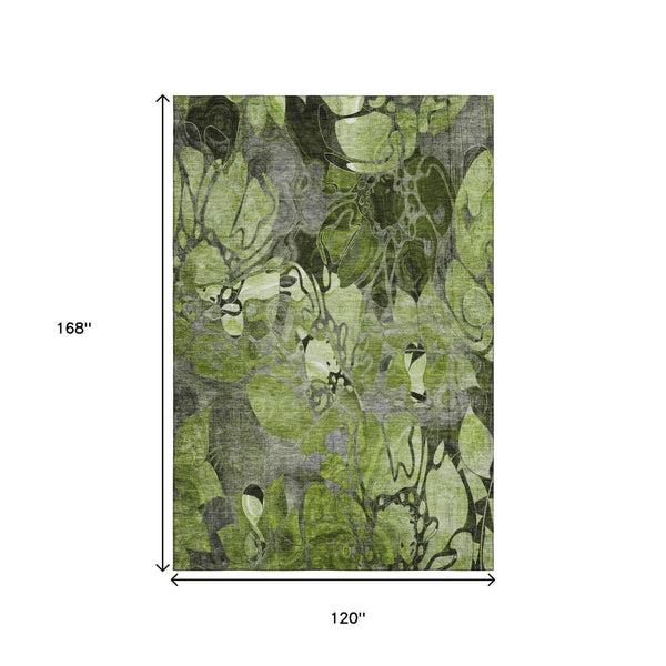 HomeRoots 10' X 14' Fern Green & Gray Floral Washable Area Rug – UV Protected, Durable for Busy Homes! 648982