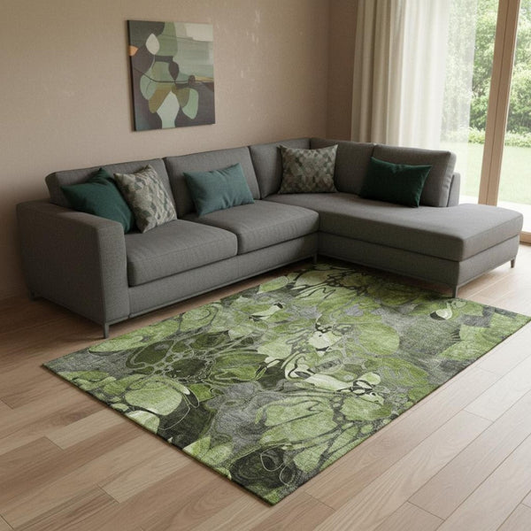HomeRoots 10' X 14' Fern Green & Gray Floral Washable Area Rug – UV Protected, Durable for Busy Homes! 648982