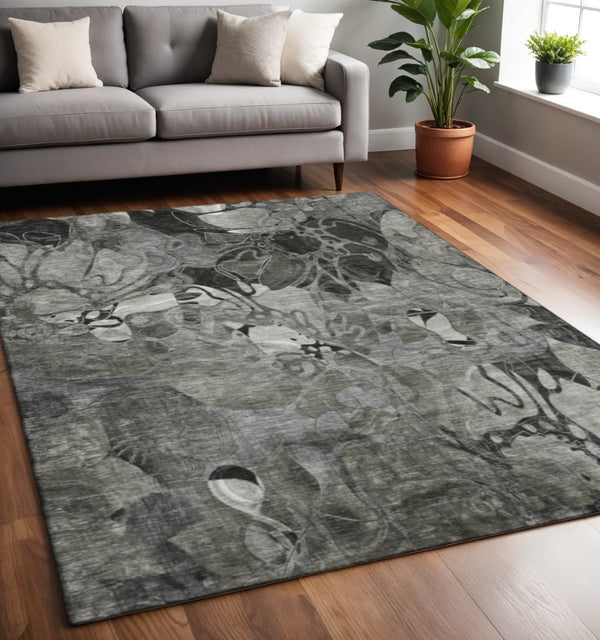 HomeRoots 5' X 8' Stylish Gray and Ivory Floral Area Rug - Washable, UV Protected, Stain Resistant for Durability 648984