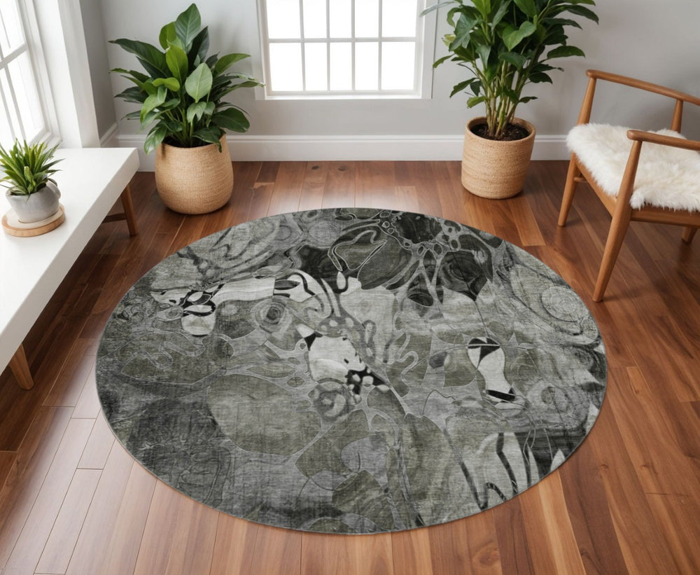 HomeRoots 8' Elegant Gray and Ivory Floral Round Rug - Durable, Washable, UV-Protected for Any Space 648985