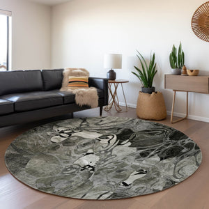 HomeRoots 8' Elegant Gray and Ivory Floral Round Rug - Durable, Washable, UV-Protected for Any Space 648985