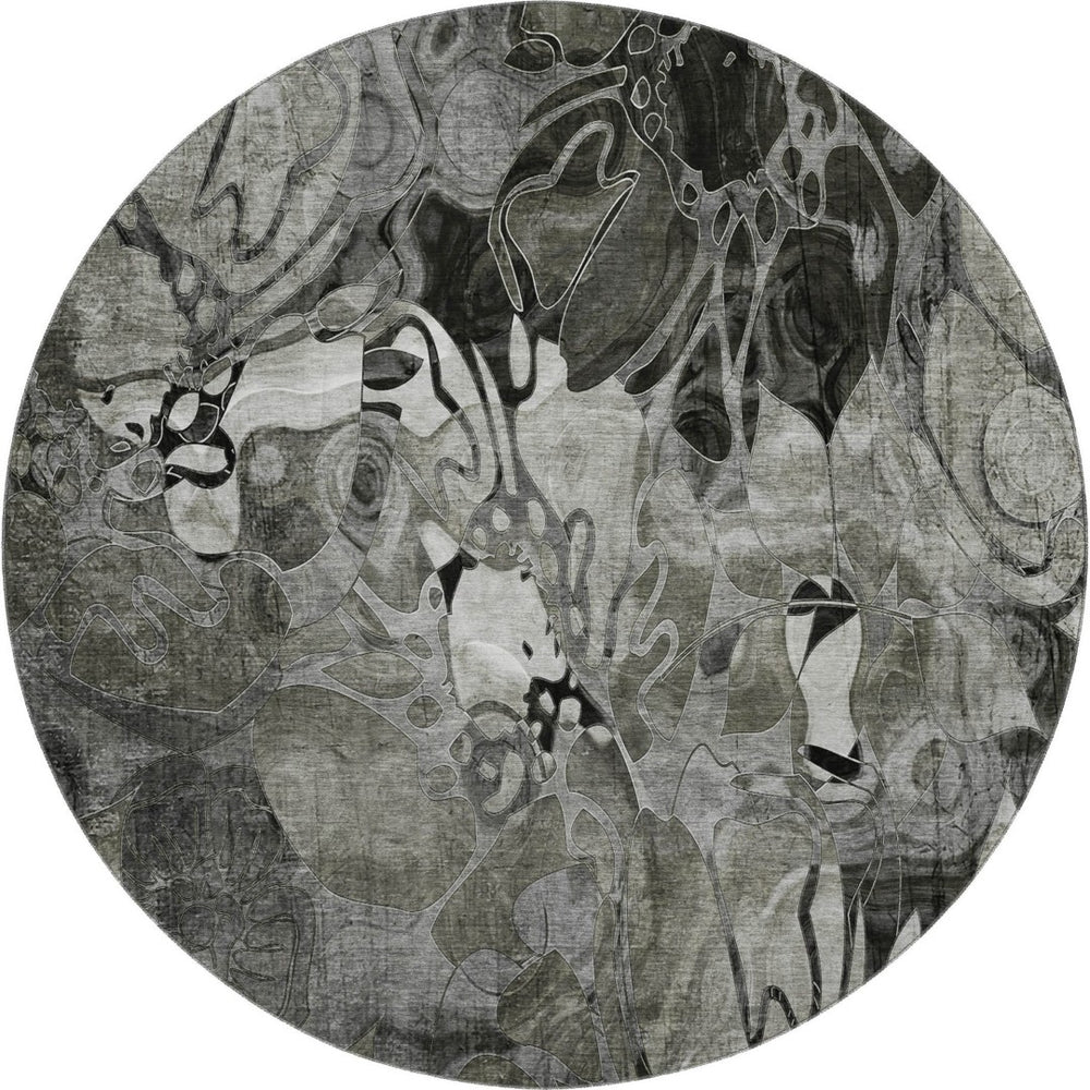 HomeRoots 8' Elegant Gray and Ivory Floral Round Rug - Durable, Washable, UV-Protected for Any Space 648985