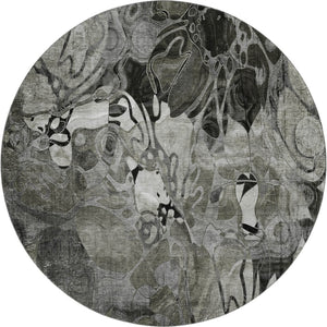 HomeRoots 8' Elegant Gray and Ivory Floral Round Rug - Durable, Washable, UV-Protected for Any Space 648985