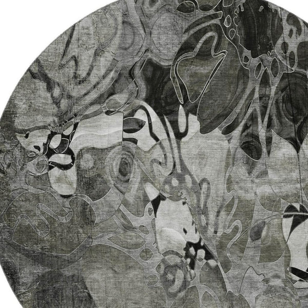 HomeRoots 8' Elegant Gray and Ivory Floral Round Rug - Durable, Washable, UV-Protected for Any Space 648985