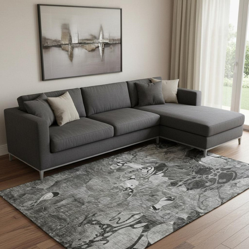 HomeRoots 8' X 10' Elegant Gray and Ivory Floral Area Rug – Washable, UV Protected, Ideal for Kids and Pets 648986