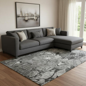 HomeRoots 9' X 12' Gray and Ivory Floral Area Rug - Washable, Stain Resistant, UV Protected for High-Traffic Areas 648987