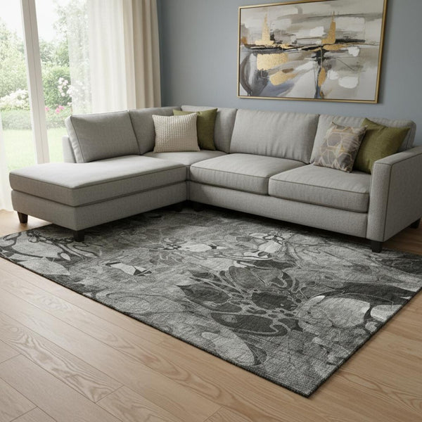 HomeRoots 10' Gray and Ivory Floral Area Rug - Washable, UV-Protected, Durable Design for Indoor & Outdoor Spaces 648988