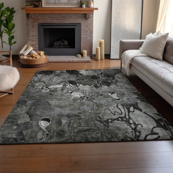 HomeRoots 10' Gray and Ivory Floral Area Rug - Washable, UV-Protected, Durable Design for Indoor & Outdoor Spaces 648988