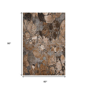 HomeRoots 5' X 8' Floral Area Rug in Rust and Gray - Washable, UV Protected, Durable & Family-Friendly Design 648990