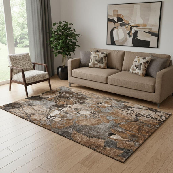 HomeRoots 5' X 8' Floral Area Rug in Rust and Gray - Washable, UV Protected, Durable & Family-Friendly Design 648990