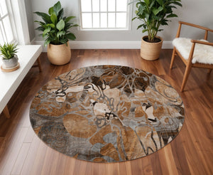 HomeRoots 8' Rust and Gray Floral Area Rug - Washable, UV Protected, Stain Resistant for Indoor/Outdoor Use 648991