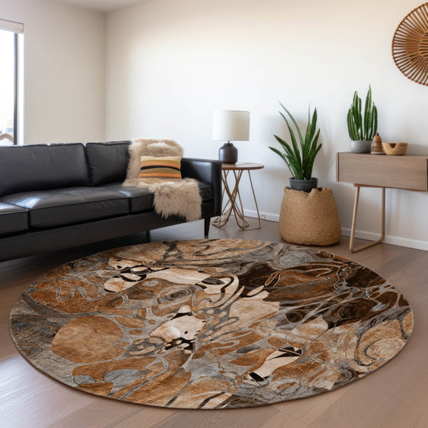 HomeRoots 8' Rust and Gray Floral Area Rug - Washable, UV Protected, Stain Resistant for Indoor/Outdoor Use 648991