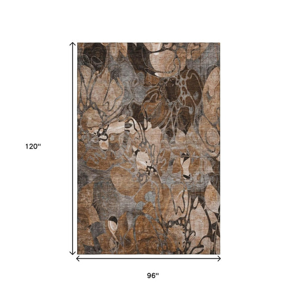 HomeRoots 8' X 10' Rust and Gray Floral Area Rug - Washable, UV Protected, Durable for High-Traffic Spaces 648992